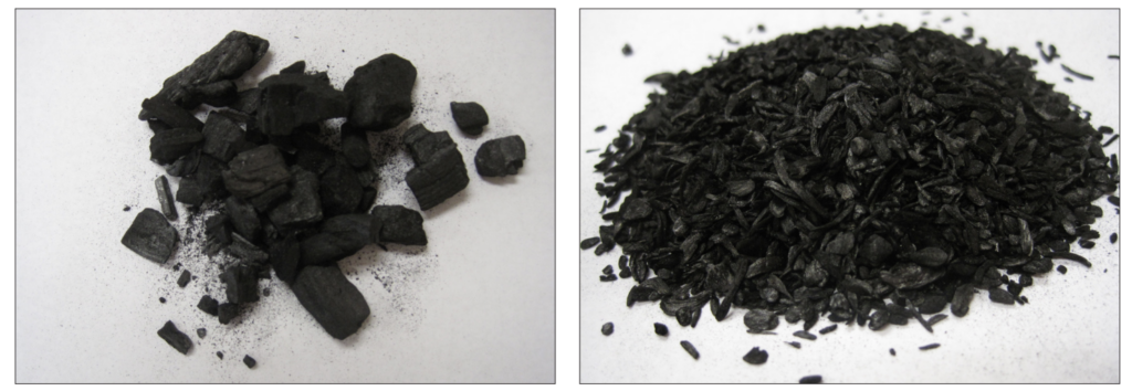 Two images of black biochar side by side. The one on the left shows larger course material and the other shows fine-textured material. 